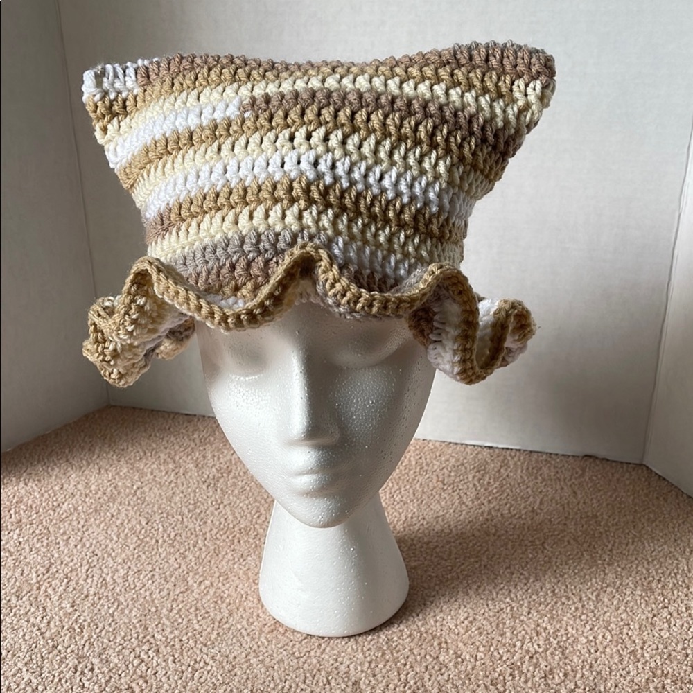 Brown and Cream cat ears Ruffled Brim Hat